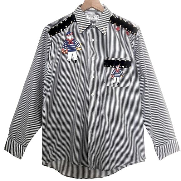 Marquis Nautical Sailor Striped Bedazzled Long Sleeve Button Up Collar Shirt Top - Picture 1 of 8